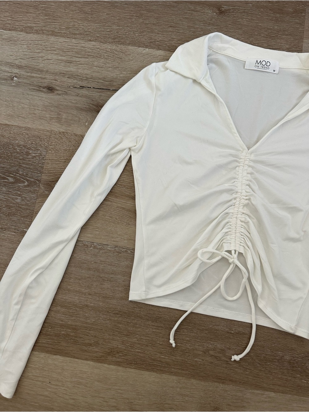 White Ruched Drawstring Long Sleeve Top - Picture 2 of 5